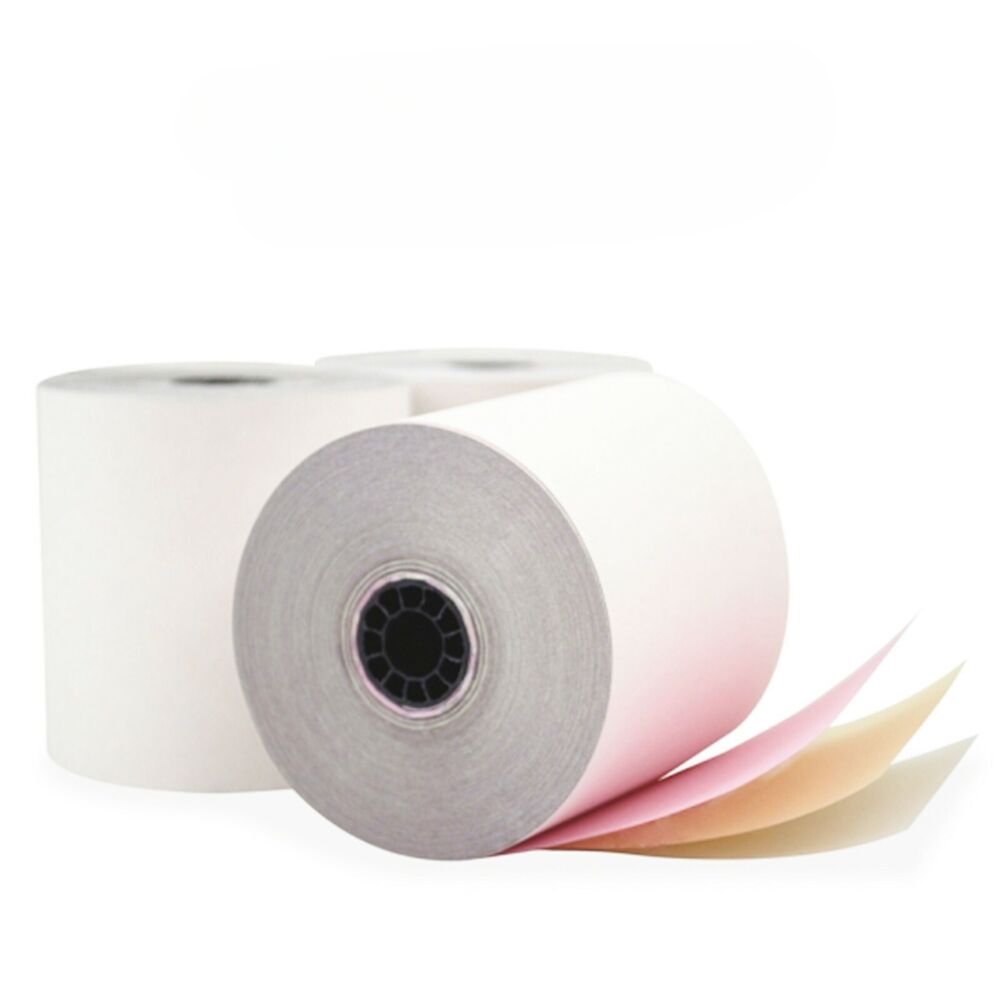 3" x 65' 3-Ply Carbonless Paper Rolls - White/Canary/Pink - Image 4