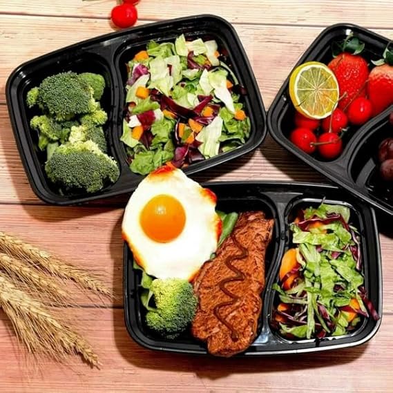 34 OZ Black Rectangular Microwaveable Container With Lid 2-compartment 150/case - Image 5