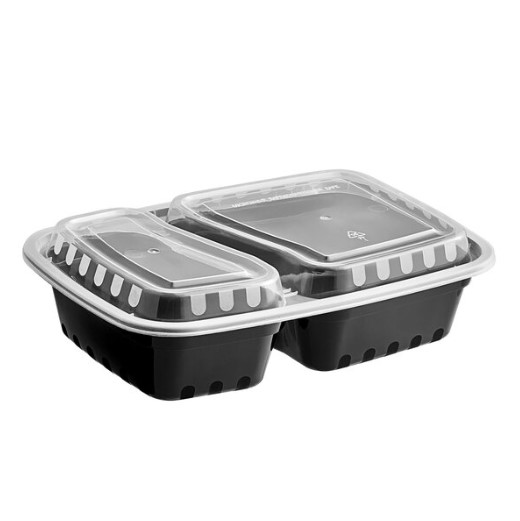 34 OZ Black Rectangular Microwaveable Container With Lid 2-compartment 150/case